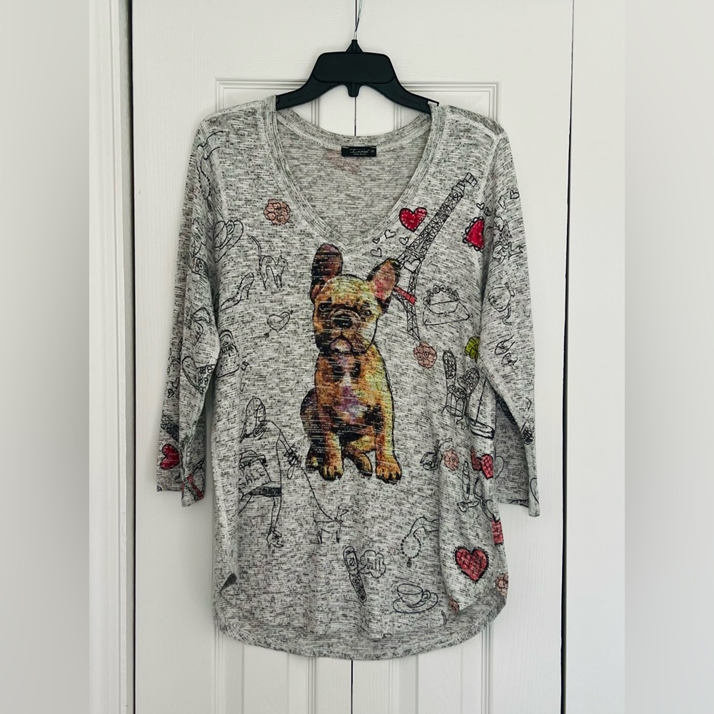 Inoah Tunic Top Artsy French Bulldog Paris Eiffel Tower Soft Knit Sweater Size M - Picture 9 of 13